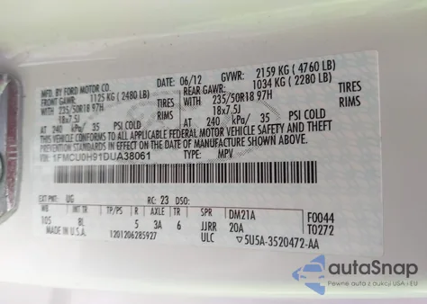 2013 Ford Escape Sel from USA, damaged, VIN 1FMCU0H91DUA38061